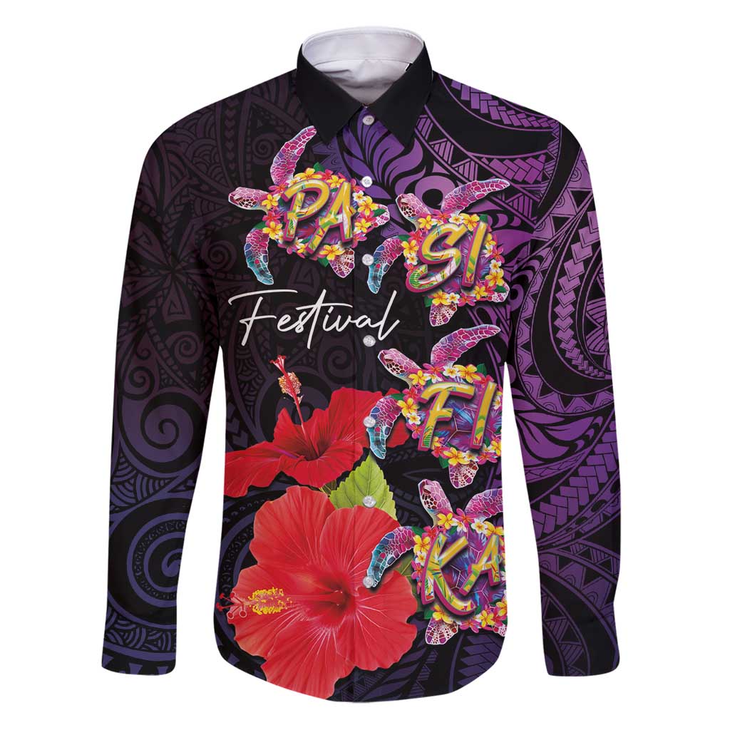 Pasifika Festival Family Matching Puletasi and Hawaiian Shirt Plumeria Turtles with Hibiscus - Polynesian Art Tattoo Purple Color LT03 Dad's Shirt - Long Sleeve Purple - Polynesian Pride