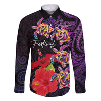 Pasifika Festival Family Matching Puletasi and Hawaiian Shirt Plumeria Turtles with Hibiscus - Polynesian Art Tattoo Purple Color LT03 Dad's Shirt - Long Sleeve Purple - Polynesian Pride