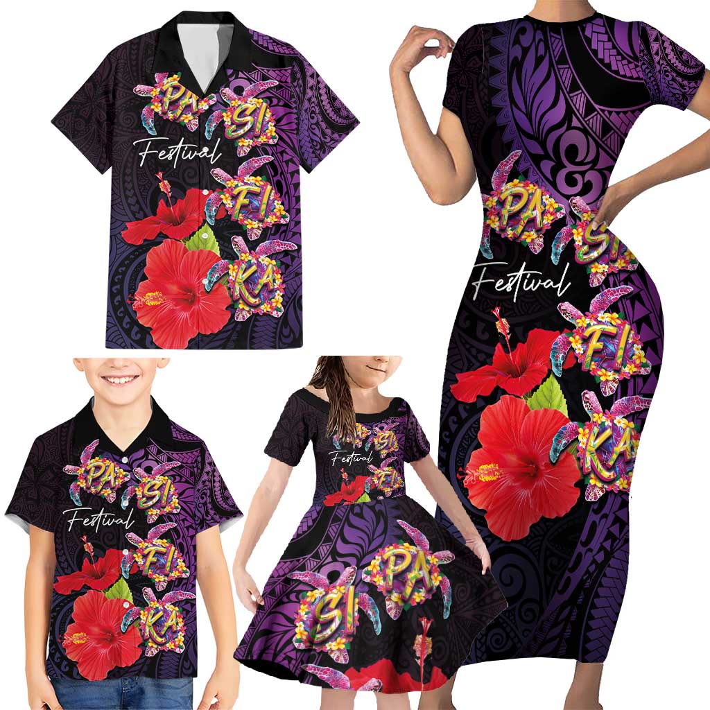 Pasifika Festival Family Matching Short Sleeve Bodycon Dress and Hawaiian Shirt Plumeria Turtles with Hibiscus - Polynesian Art Tattoo Purple Color LT03 - Polynesian Pride