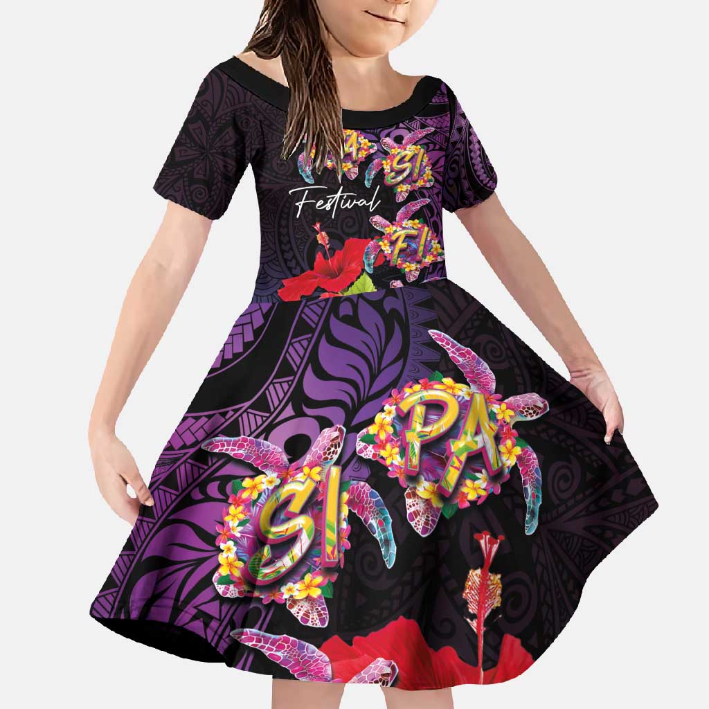Pasifika Festival Family Matching Summer Maxi Dress and Hawaiian Shirt Plumeria Turtles with Hibiscus - Polynesian Art Tattoo Purple Color LT03 Daughter's Dress Purple - Polynesian Pride