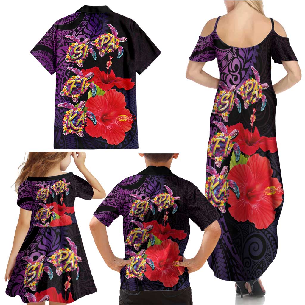 Pasifika Festival Family Matching Summer Maxi Dress and Hawaiian Shirt Plumeria Turtles with Hibiscus - Polynesian Art Tattoo Purple Color LT03 - Polynesian Pride