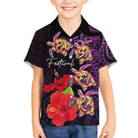 Pasifika Festival Family Matching Summer Maxi Dress and Hawaiian Shirt Plumeria Turtles with Hibiscus - Polynesian Art Tattoo Purple Color LT03 Son's Shirt Purple - Polynesian Pride