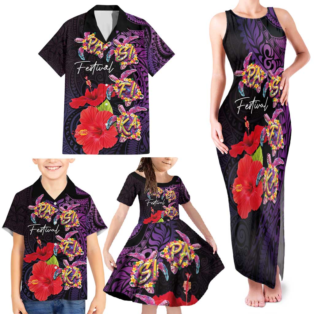 Pasifika Festival Family Matching Tank Maxi Dress and Hawaiian Shirt Plumeria Turtles with Hibiscus - Polynesian Art Tattoo Purple Color LT03 - Polynesian Pride