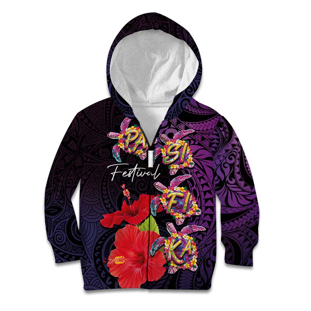 Pasifika Festival Kid Hoodie Plumeria Turtles with Hibiscus - Polynesian Art Tattoo Purple Color LT03 Zip Hoodie Purple - Polynesian Pride