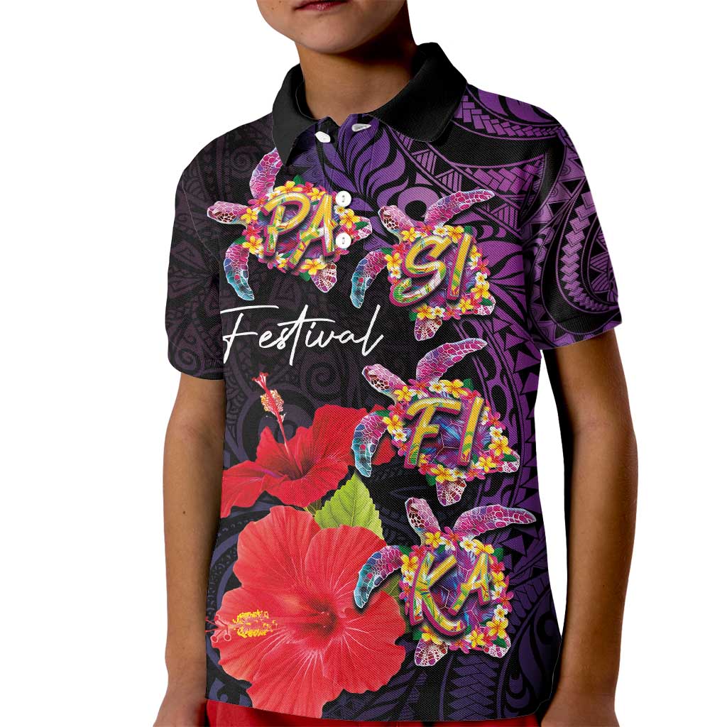 Pasifika Festival Kid Polo Shirt Plumeria Turtles with Hibiscus - Polynesian Art Tattoo Purple Color