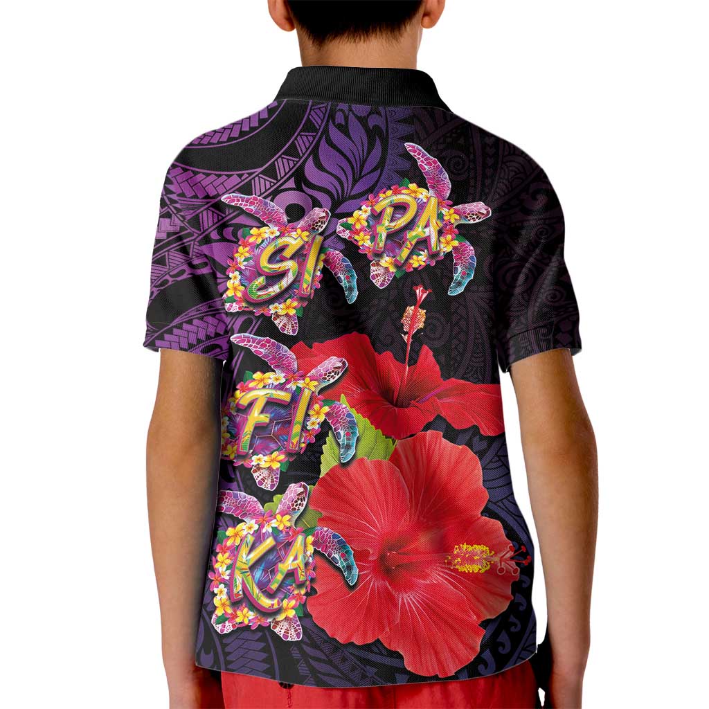 Pasifika Festival Kid Polo Shirt Plumeria Turtles with Hibiscus - Polynesian Art Tattoo Purple Color