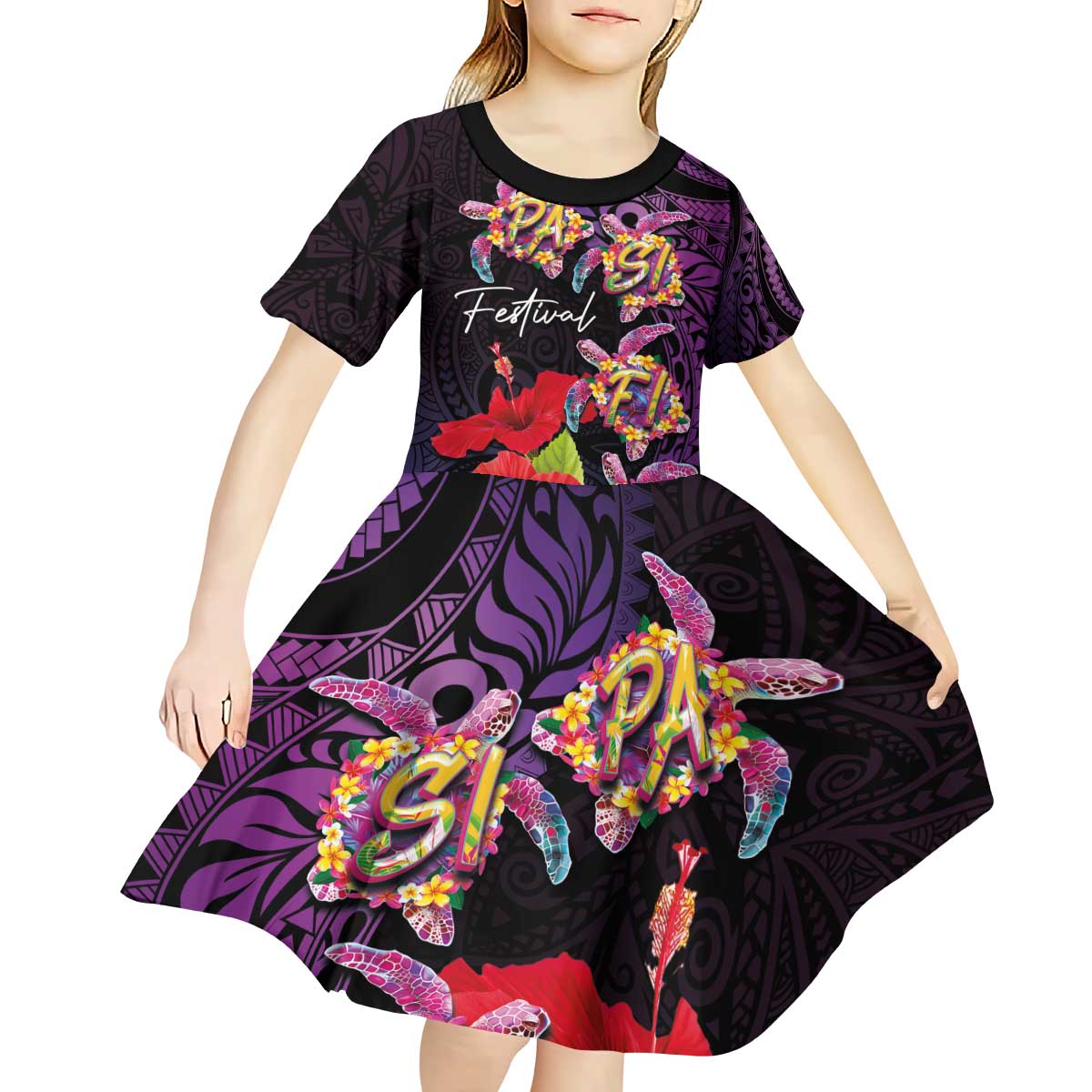 Pasifika Festival Kid Short Sleeve Dress Plumeria Turtles with Hibiscus - Polynesian Art Tattoo Purple Color LT03 - Polynesian Pride