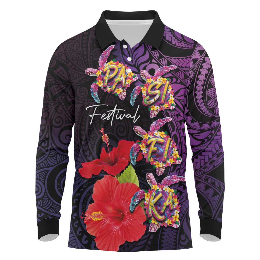 Pasifika Festival Long Sleeve Polo Shirt Plumeria Turtles with Hibiscus - Polynesian Art Tattoo Purple Color