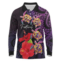 Pasifika Festival Long Sleeve Polo Shirt Plumeria Turtles with Hibiscus - Polynesian Art Tattoo Purple Color