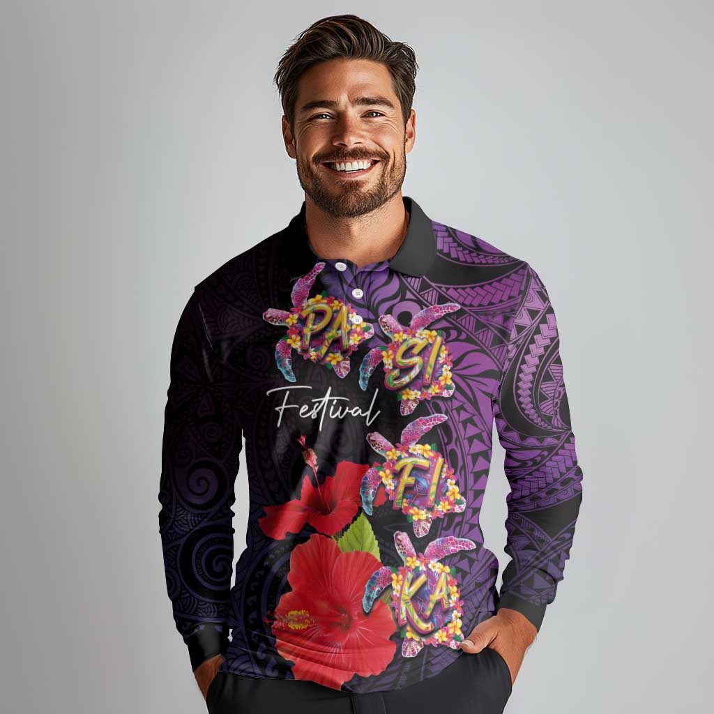 Pasifika Festival Long Sleeve Polo Shirt Plumeria Turtles with Hibiscus - Polynesian Art Tattoo Purple Color