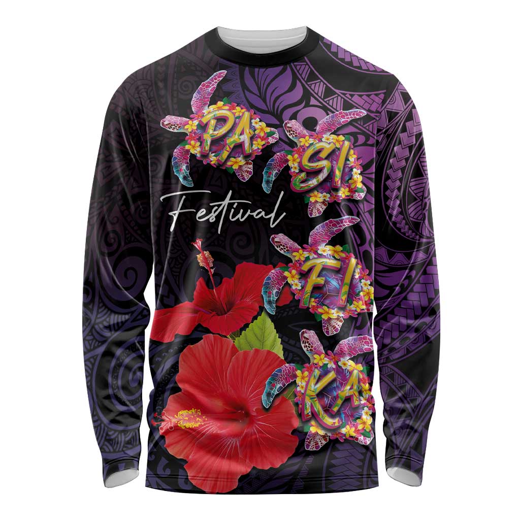 Pasifika Festival Long Sleeve Shirt Plumeria Turtles with Hibiscus - Polynesian Art Tattoo Purple Color LT03 Unisex Purple - Polynesian Pride