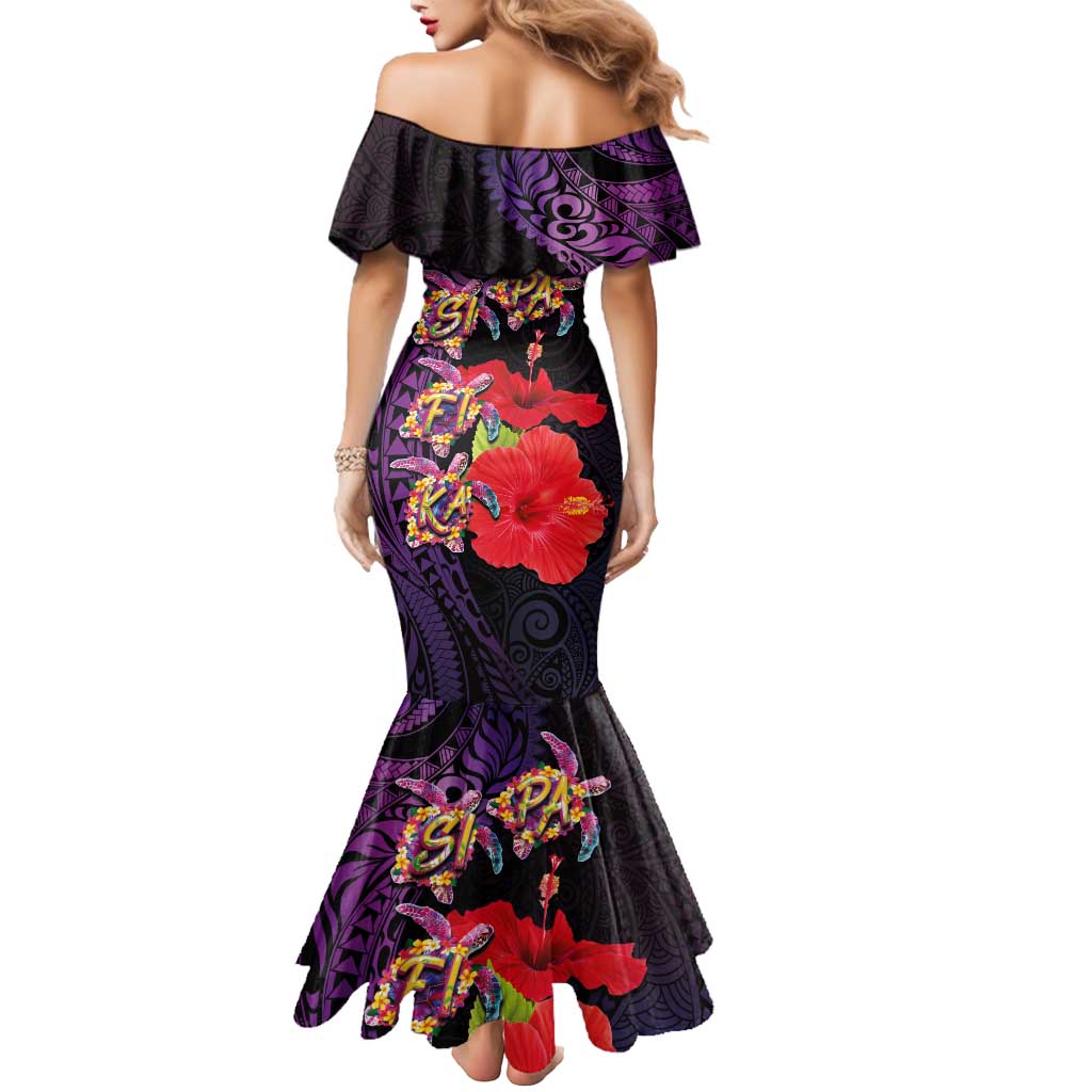 Pasifika Festival Mermaid Dress Plumeria Turtles with Hibiscus - Polynesian Art Tattoo Purple Color LT03 - Polynesian Pride