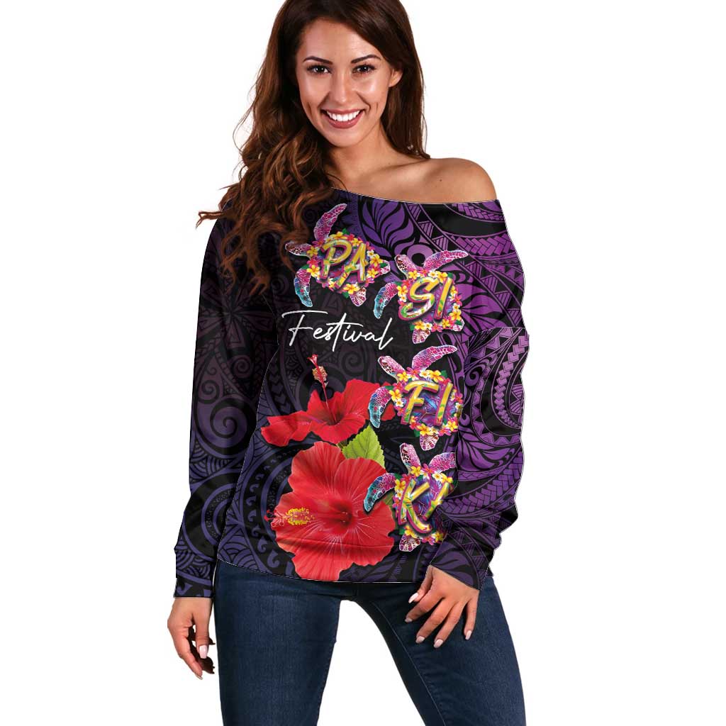 Pasifika Festival Off Shoulder Sweater Plumeria Turtles with Hibiscus - Polynesian Art Tattoo Purple Color LT03 Women Purple - Polynesian Pride