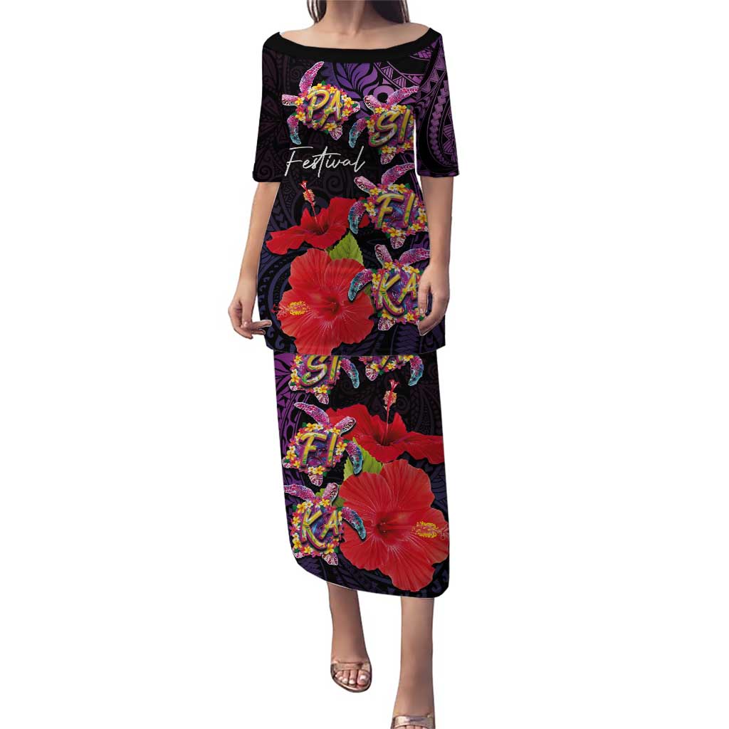 Pasifika Festival Puletasi Plumeria Turtles with Hibiscus - Polynesian Art Tattoo Purple Color LT03 Long Dress Purple - Polynesian Pride
