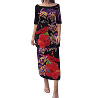 Pasifika Festival Puletasi Plumeria Turtles with Hibiscus - Polynesian Art Tattoo Purple Color LT03 Long Dress Purple - Polynesian Pride