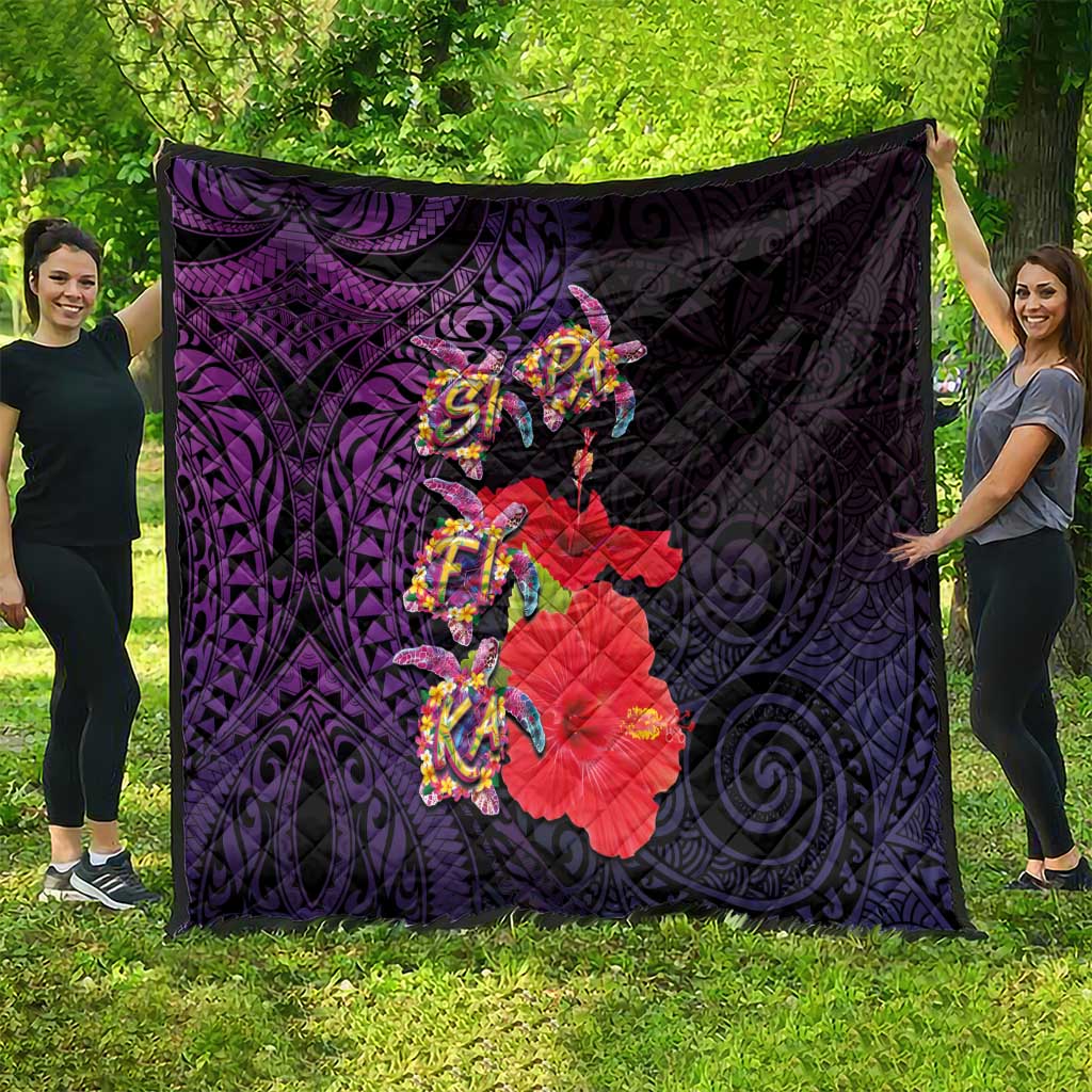 Pasifika Festival Quilt Plumeria Turtles with Hibiscus - Polynesian Art Tattoo Purple Color LT03 - Polynesian Pride