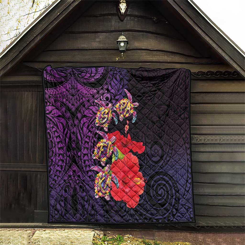 Pasifika Festival Quilt Plumeria Turtles with Hibiscus - Polynesian Art Tattoo Purple Color LT03 - Polynesian Pride