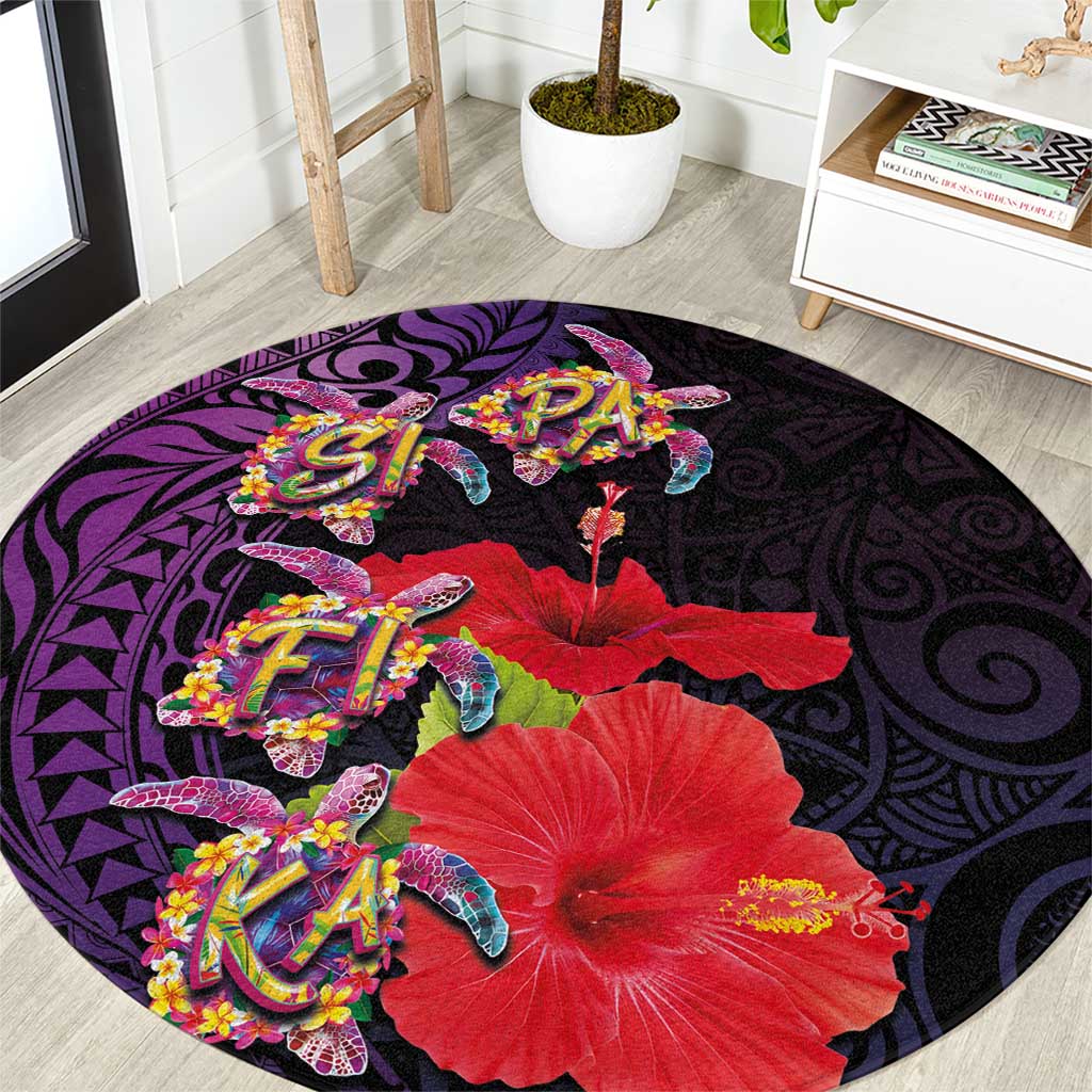 Pasifika Festival Round Carpet Plumeria Turtles with Hibiscus - Polynesian Art Tattoo Purple Color LT03 Purple - Polynesian Pride