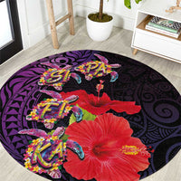 Pasifika Festival Round Carpet Plumeria Turtles with Hibiscus - Polynesian Art Tattoo Purple Color LT03 Purple - Polynesian Pride