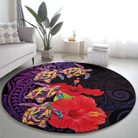 Pasifika Festival Round Carpet Plumeria Turtles with Hibiscus - Polynesian Art Tattoo Purple Color LT03 - Polynesian Pride