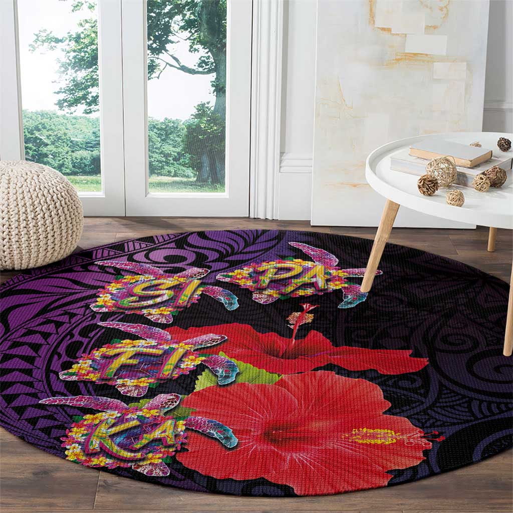 Pasifika Festival Round Carpet Plumeria Turtles with Hibiscus - Polynesian Art Tattoo Purple Color LT03 - Polynesian Pride