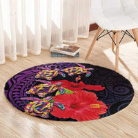 Pasifika Festival Round Carpet Plumeria Turtles with Hibiscus - Polynesian Art Tattoo Purple Color LT03 - Polynesian Pride