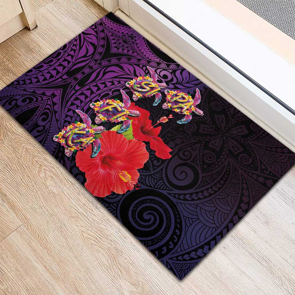 Pasifika Festival Rubber Doormat Plumeria Turtles with Hibiscus - Polynesian Art Tattoo Purple Color LT03 - Polynesian Pride