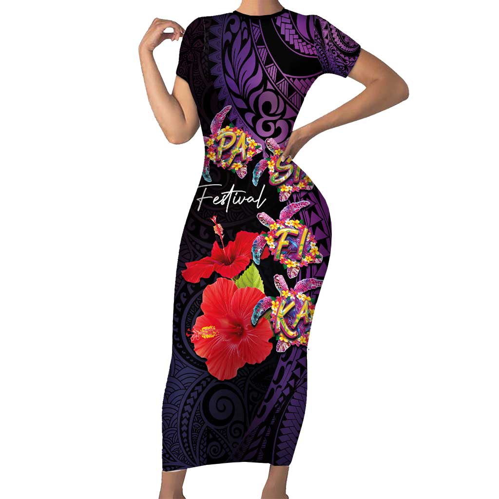 Pasifika Festival Short Sleeve Bodycon Dress Plumeria Turtles with Hibiscus - Polynesian Art Tattoo Purple Color LT03 Long Dress Purple - Polynesian Pride