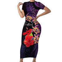 Pasifika Festival Short Sleeve Bodycon Dress Plumeria Turtles with Hibiscus - Polynesian Art Tattoo Purple Color LT03 Long Dress Purple - Polynesian Pride