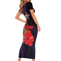 Pasifika Festival Short Sleeve Bodycon Dress Plumeria Turtles with Hibiscus - Polynesian Art Tattoo Purple Color LT03 - Polynesian Pride