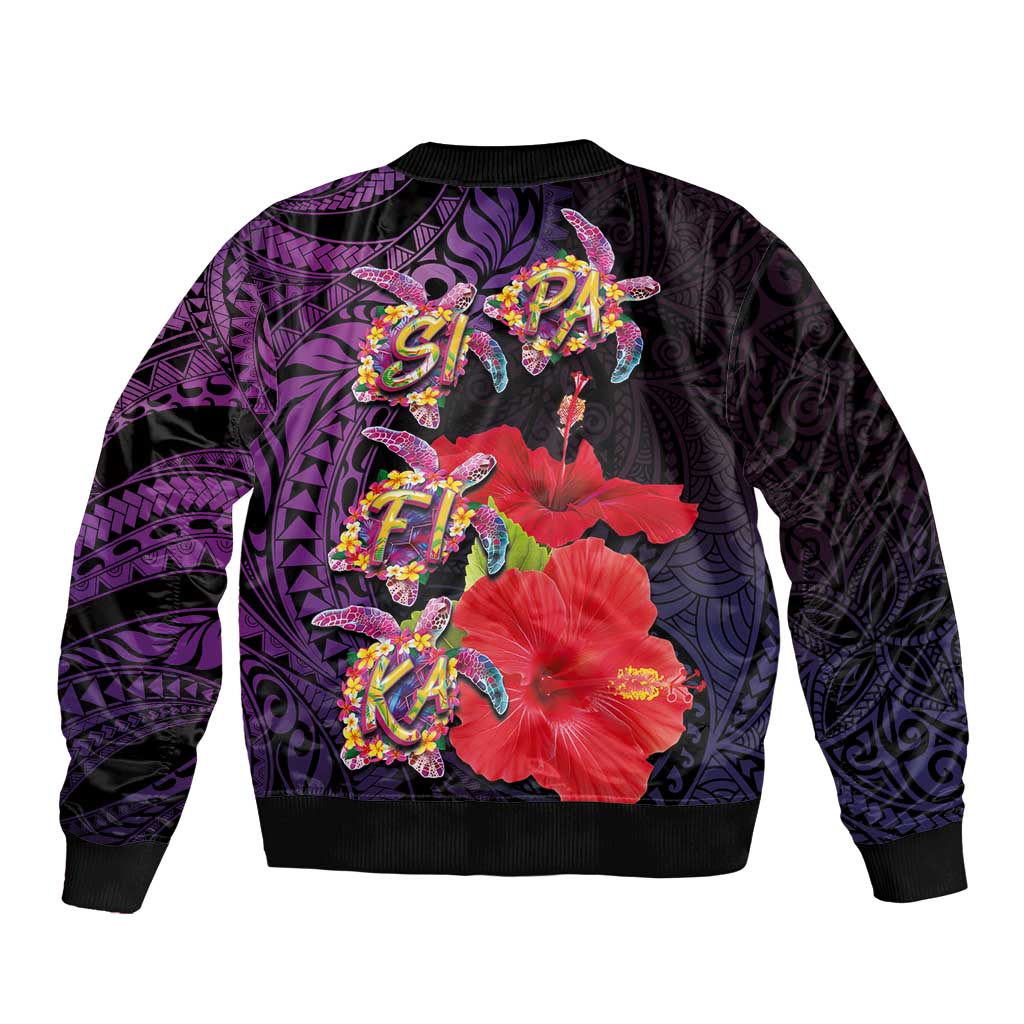 Pasifika Festival Sleeve Zip Bomber Jacket Plumeria Turtles with Hibiscus - Polynesian Art Tattoo Purple Color