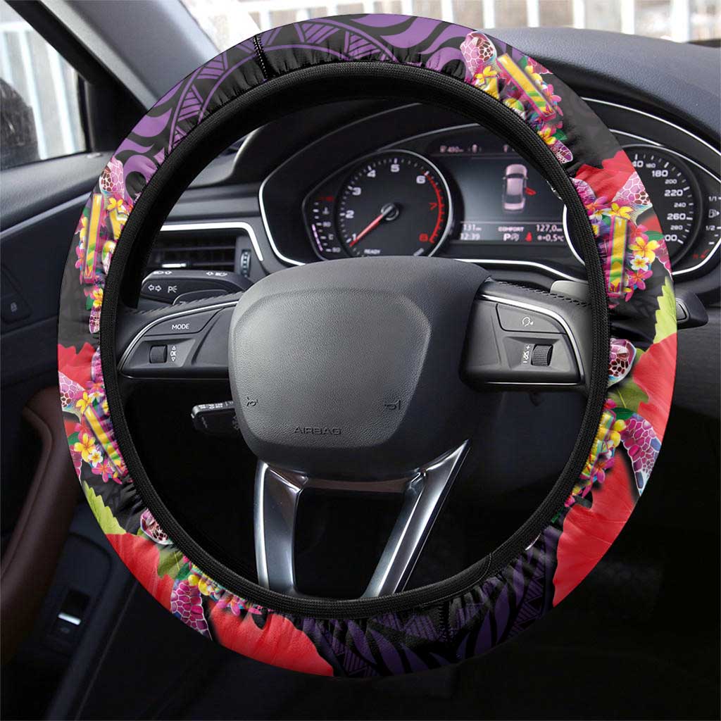 Pasifika Festival Steering Wheel Cover Plumeria Turtles with Hibiscus - Polynesian Art Tattoo Purple Color LT03 - Polynesian Pride