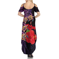 Pasifika Festival Summer Maxi Dress Plumeria Turtles with Hibiscus - Polynesian Art Tattoo Purple Color LT03 - Polynesian Pride
