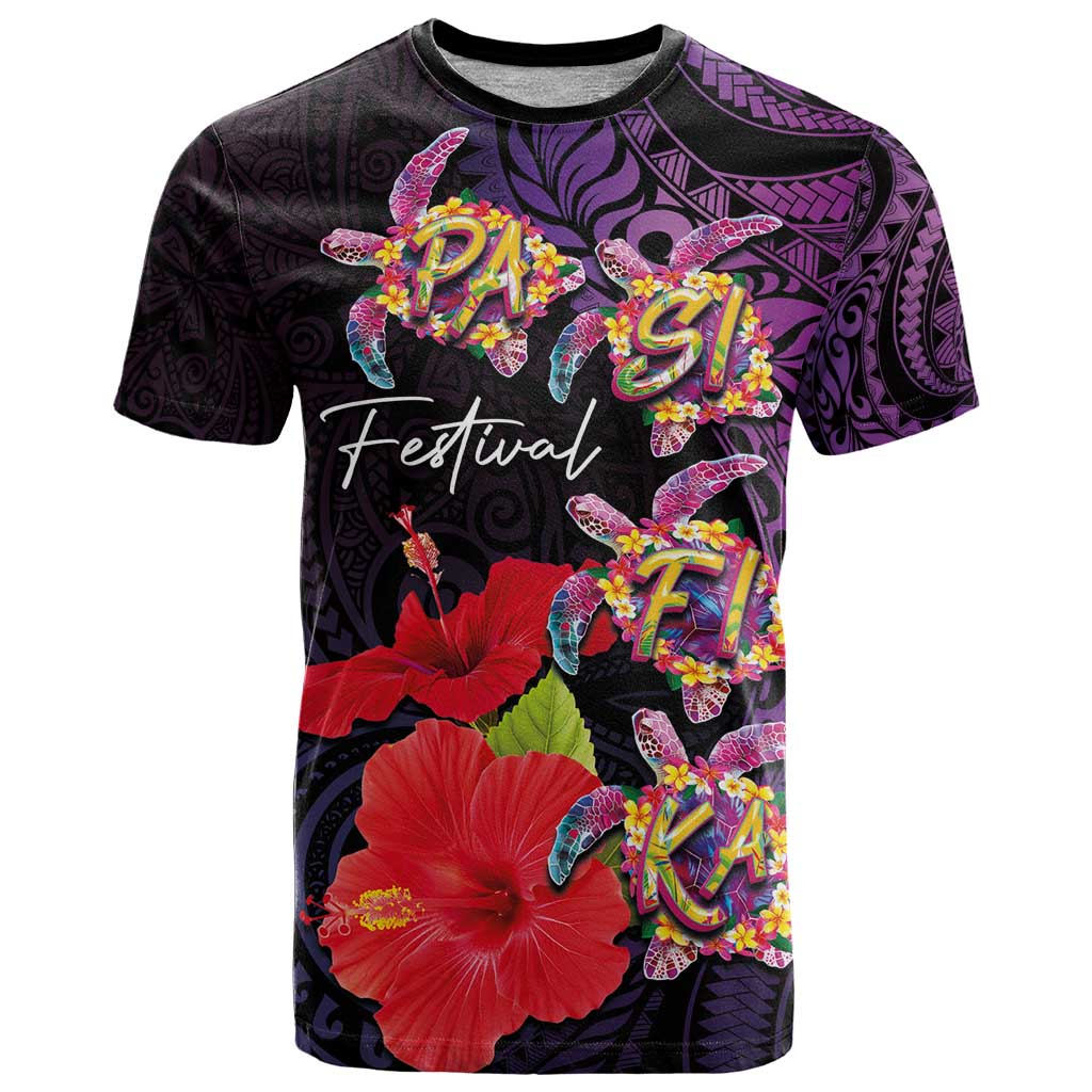 Pasifika Festival T Shirt Plumeria Turtles with Hibiscus - Polynesian Art Tattoo Purple Color