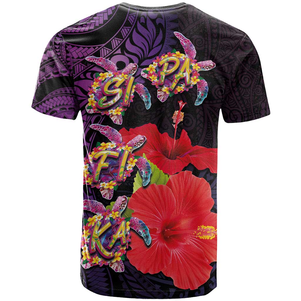 Pasifika Festival T Shirt Plumeria Turtles with Hibiscus - Polynesian Art Tattoo Purple Color