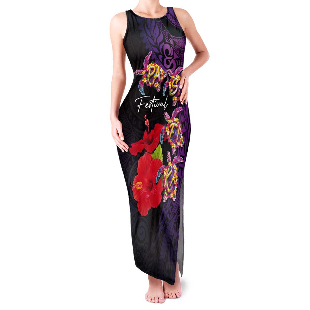 Pasifika Festival Tank Maxi Dress Plumeria Turtles with Hibiscus - Polynesian Art Tattoo Purple Color LT03 Women Purple - Polynesian Pride