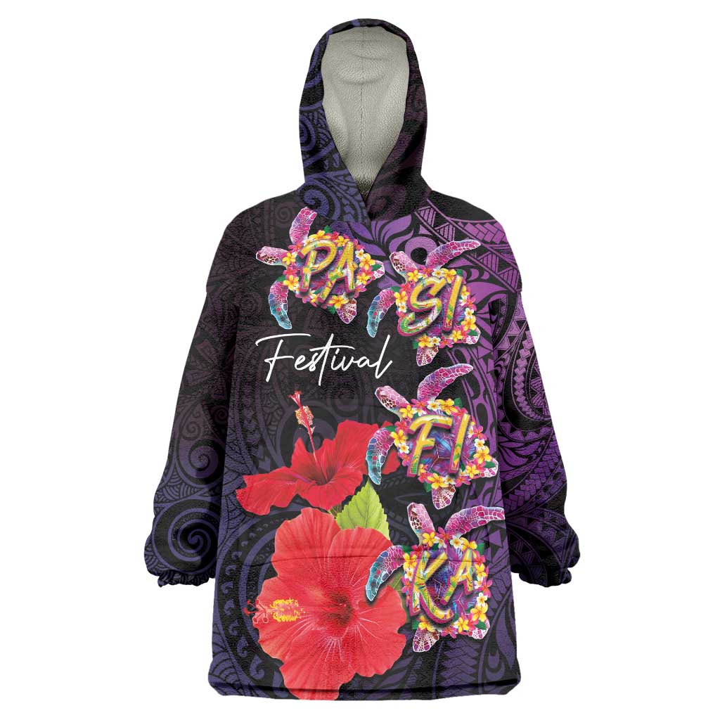Pasifika Festival Wearable Blanket Hoodie Plumeria Turtles with Hibiscus - Polynesian Art Tattoo Purple Color LT03 One Size Purple - Polynesian Pride