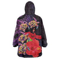 Pasifika Festival Wearable Blanket Hoodie Plumeria Turtles with Hibiscus - Polynesian Art Tattoo Purple Color LT03 - Polynesian Pride