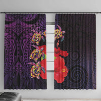 Pasifika Festival Window Curtain Plumeria Turtles with Hibiscus - Polynesian Art Tattoo Purple Color LT03 With Hooks Purple - Polynesian Pride