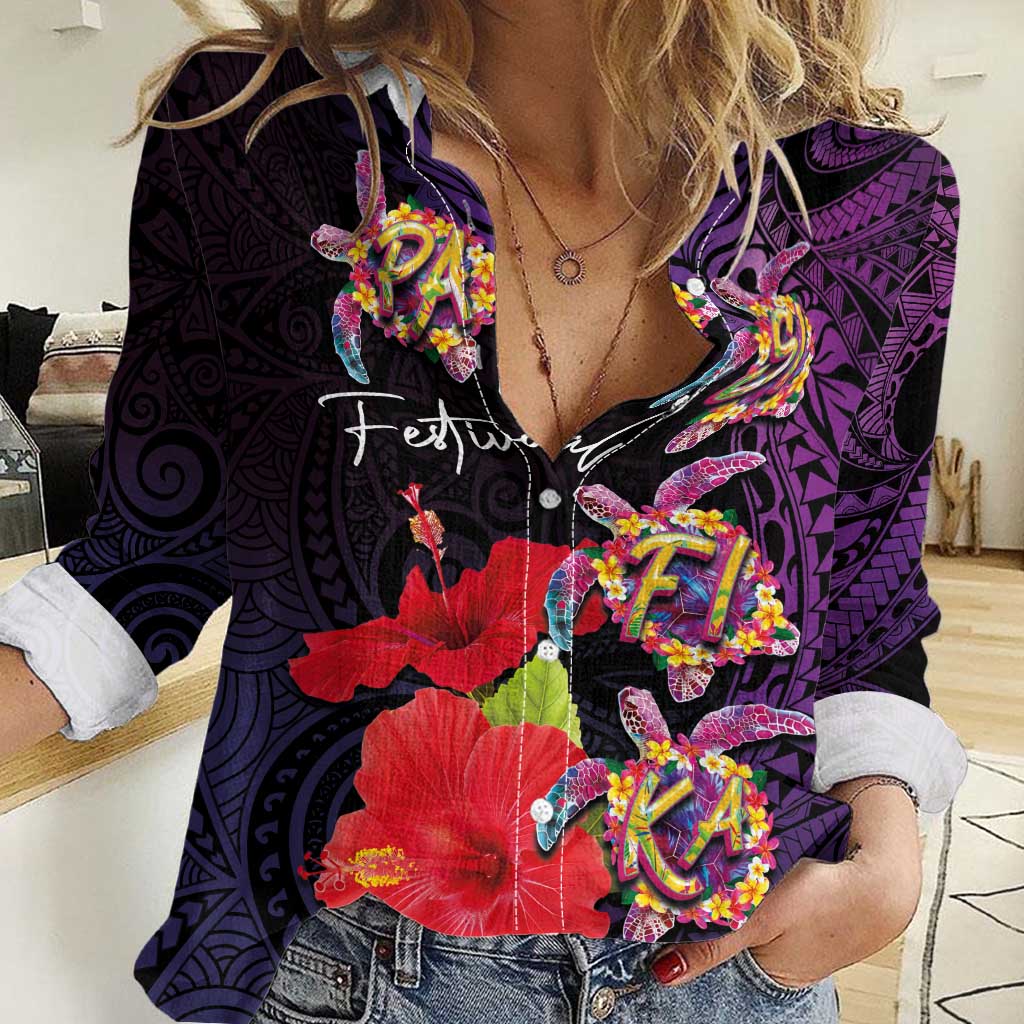 Pasifika Festival Women Casual Shirt Plumeria Turtles with Hibiscus - Polynesian Art Tattoo Purple Color LT03 Female Purple - Polynesian Pride