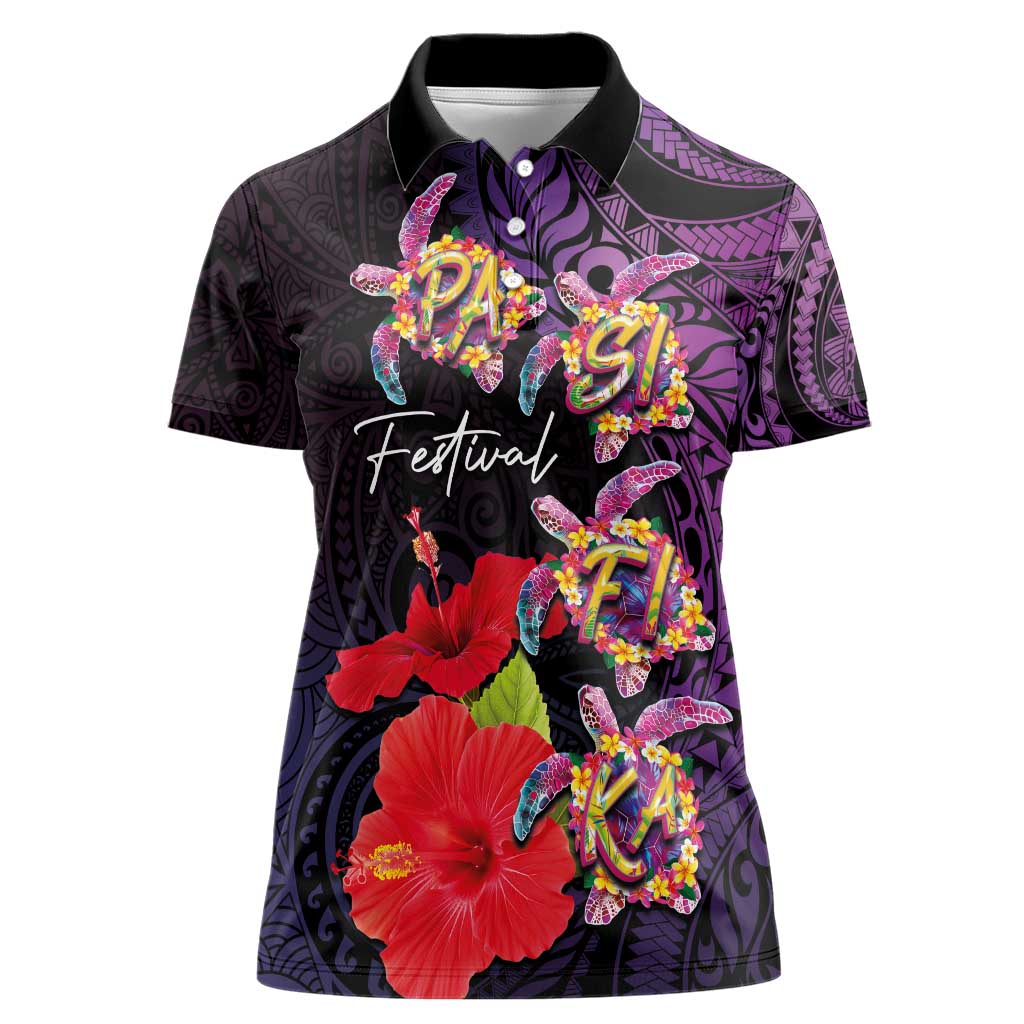Pasifika Festival Women Polo Shirt Plumeria Turtles with Hibiscus - Polynesian Art Tattoo Purple Color LT03 Female Purple - Polynesian Pride