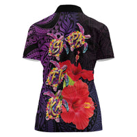 Pasifika Festival Women Polo Shirt Plumeria Turtles with Hibiscus - Polynesian Art Tattoo Purple Color LT03 - Polynesian Pride