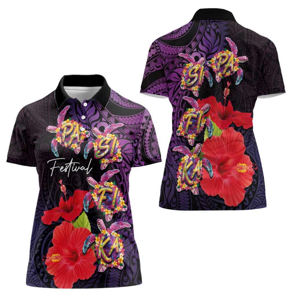 Pasifika Festival Women Polo Shirt Plumeria Turtles with Hibiscus - Polynesian Art Tattoo Purple Color LT03 - Polynesian Pride