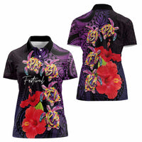 Pasifika Festival Women Polo Shirt Plumeria Turtles with Hibiscus - Polynesian Art Tattoo Purple Color LT03 - Polynesian Pride