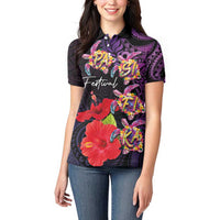 Pasifika Festival Women Polo Shirt Plumeria Turtles with Hibiscus - Polynesian Art Tattoo Purple Color LT03 - Polynesian Pride