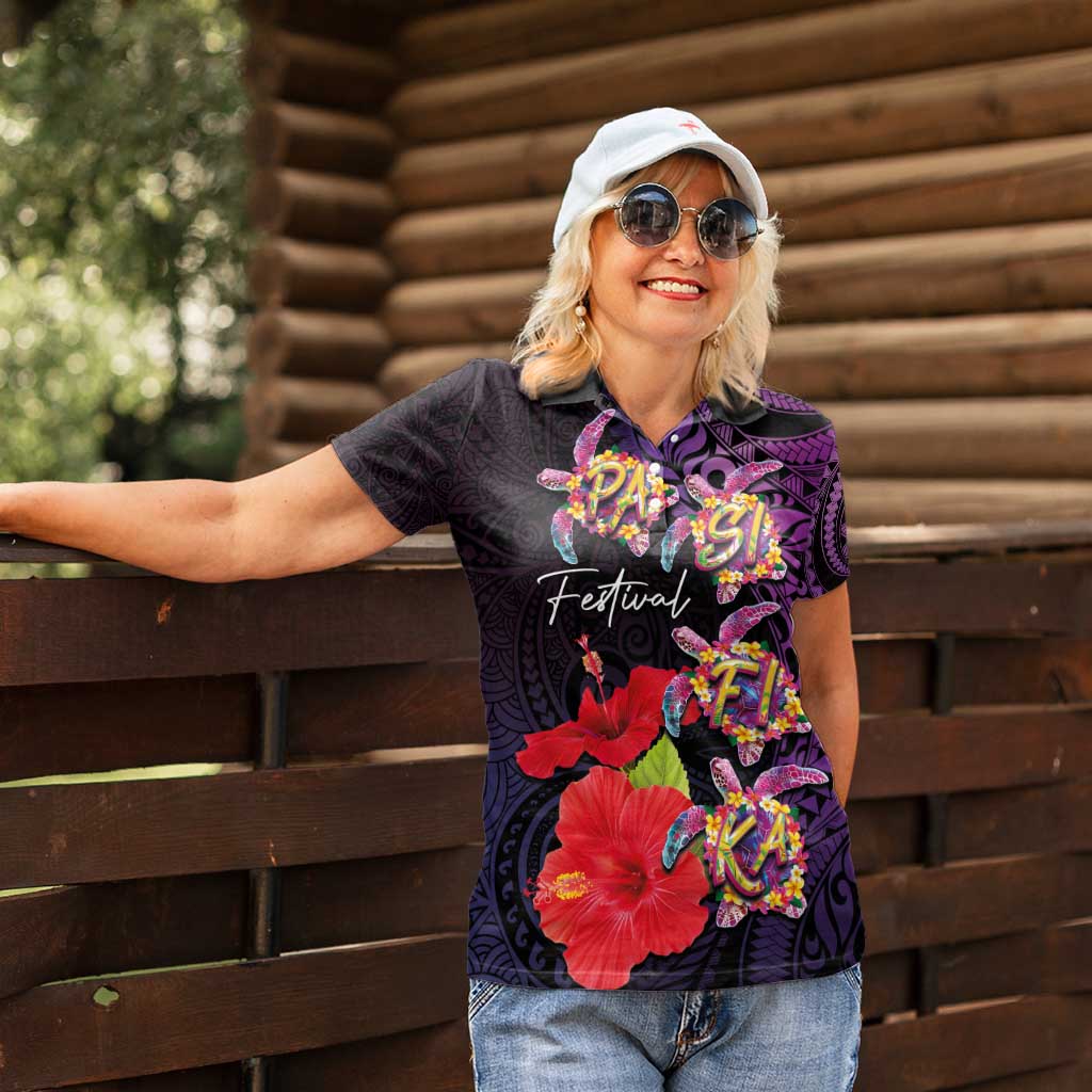 Pasifika Festival Women Polo Shirt Plumeria Turtles with Hibiscus - Polynesian Art Tattoo Purple Color LT03 - Polynesian Pride