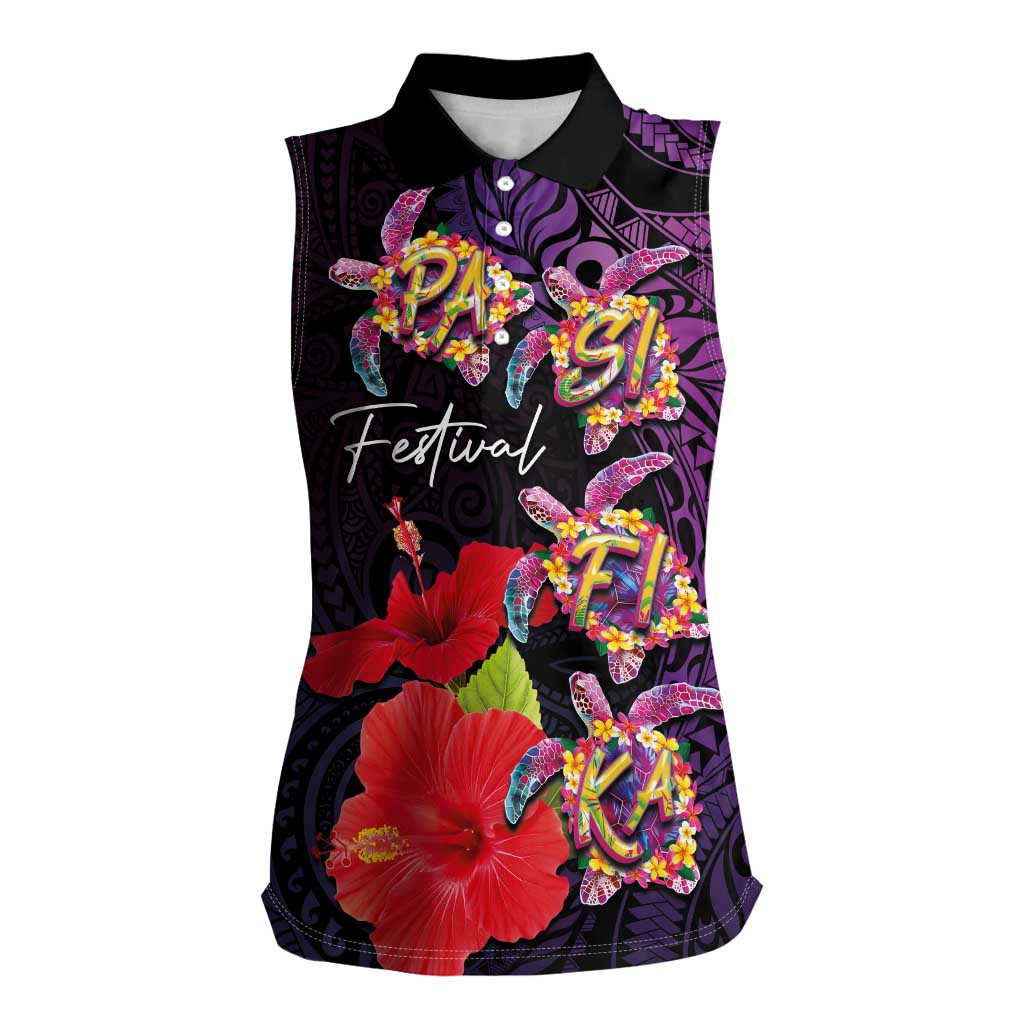 Pasifika Festival Women Sleeveless Polo Shirt Plumeria Turtles with Hibiscus - Polynesian Art Tattoo Purple Color