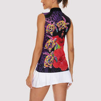 Pasifika Festival Women Sleeveless Polo Shirt Plumeria Turtles with Hibiscus - Polynesian Art Tattoo Purple Color
