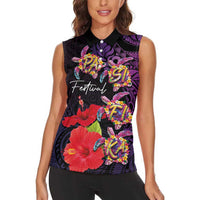 Pasifika Festival Women Sleeveless Polo Shirt Plumeria Turtles with Hibiscus - Polynesian Art Tattoo Purple Color