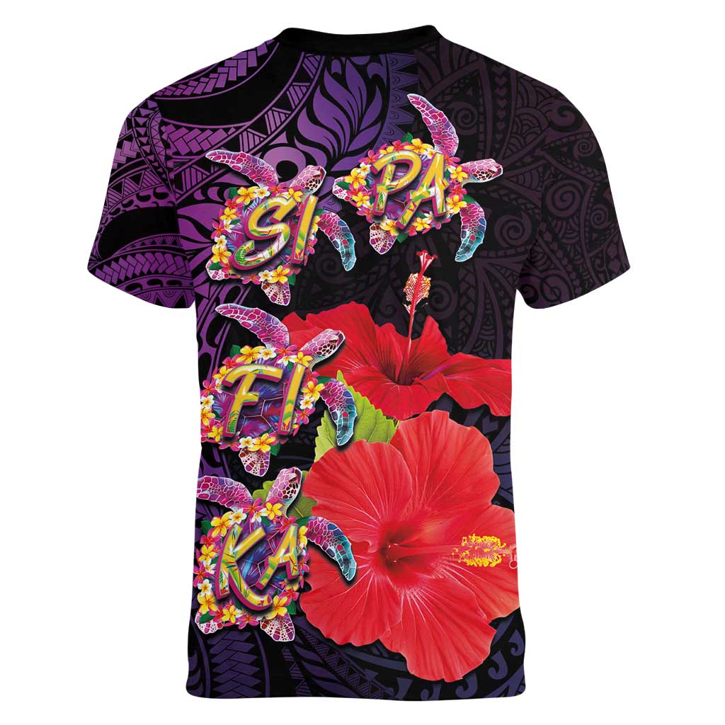 Pasifika Festival Women V-Neck T-Shirt Plumeria Turtles with Hibiscus - Polynesian Art Tattoo Purple Color